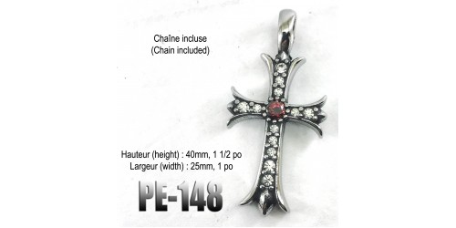 Pe-148, Pendentif Croix diamantée pierre rouge acier inoxidable ( Stainless Steel )